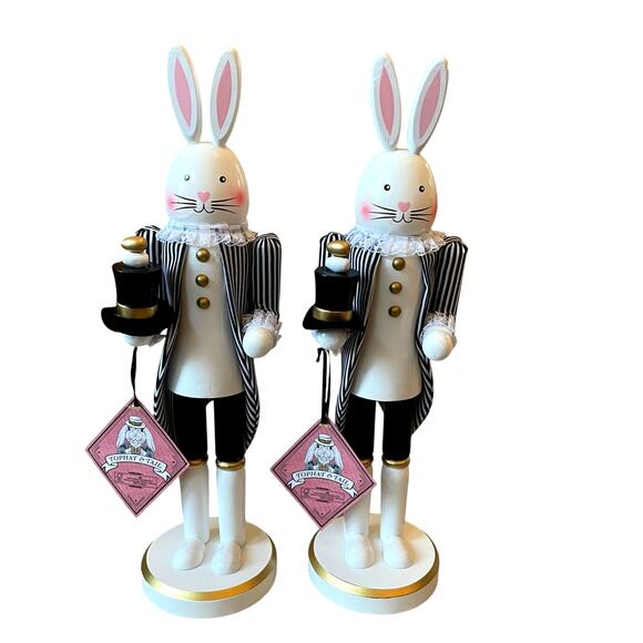 Tophat & Tail Wooden Bunny Rabbit Nutcrackers 14in Black White Set of 2 NEW - Picture 12 of 16